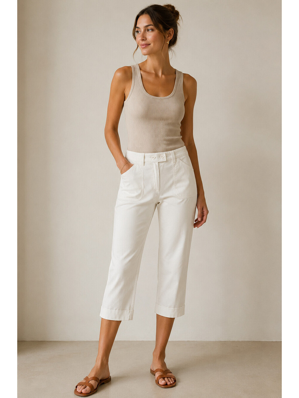 Talbots Cropped Pants Womens 10P White Cotton Cuffed Patch Pocket NWT